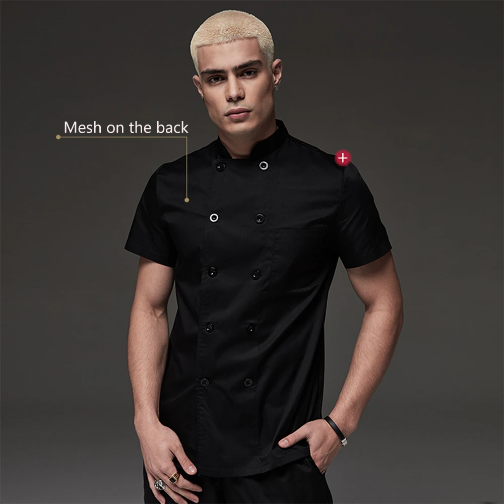 Черный, белый цвет унисекс Кухня шеф-повар униформа короткий рукав двубортный поварская одежда куртка шеф-повара гостиницы, ресторана форма Еда Услуги