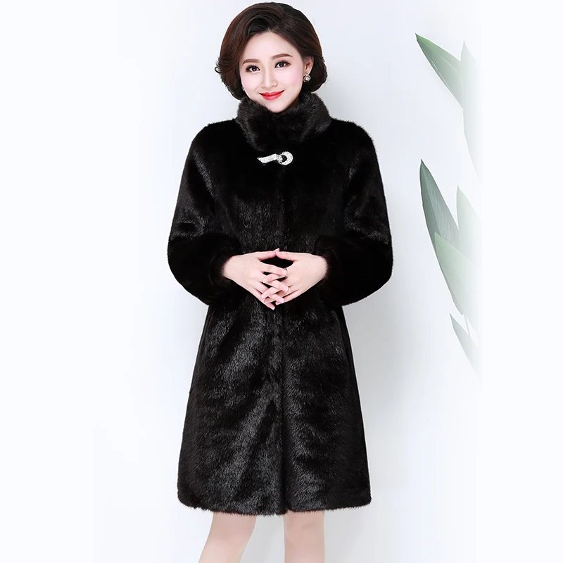 Women Winter Mother Black Color Fake Mink Fur Coat Covered Button Full