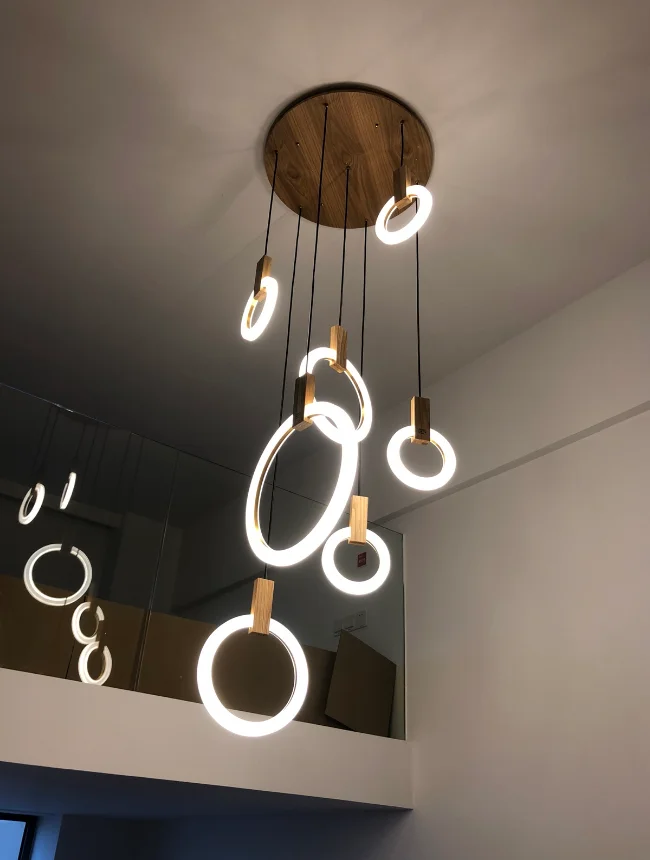Lustres de Madeira Iluminação da Escada Moderno Nordic Sala Estar Suspenso Lâmpada Quarto Luminárias Anel Luzes Penduradas Led 7 estar suspenso lâmpada quarto luminárias iluminação da escada anel luzes penduradas