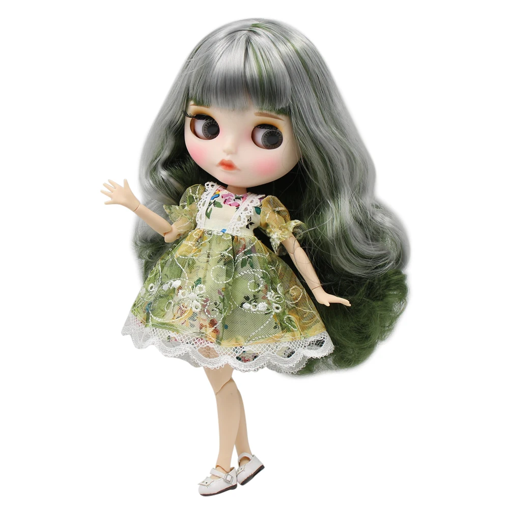 

ICY factory blyth doll white skin joint body New matte face gray mixed green curly hair DIY sd gift toy