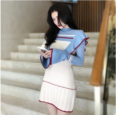 Женское вязаное платье-свитер миди SMTHMA, элегантное облегающее вязаное платье, зимнее платье-свитер с оборками - Цвет: Photo Color