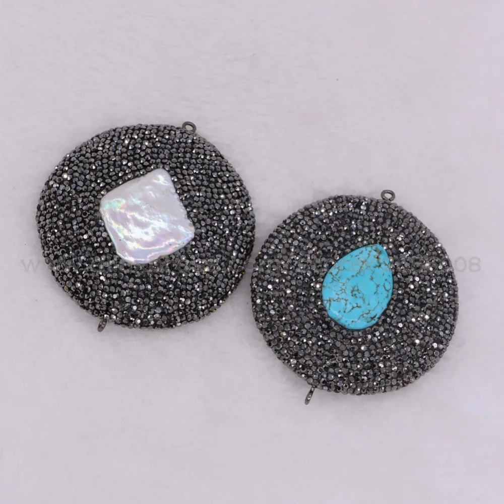 4 Pcs Round pendant connector pave natural stone&rhinestone wholesale