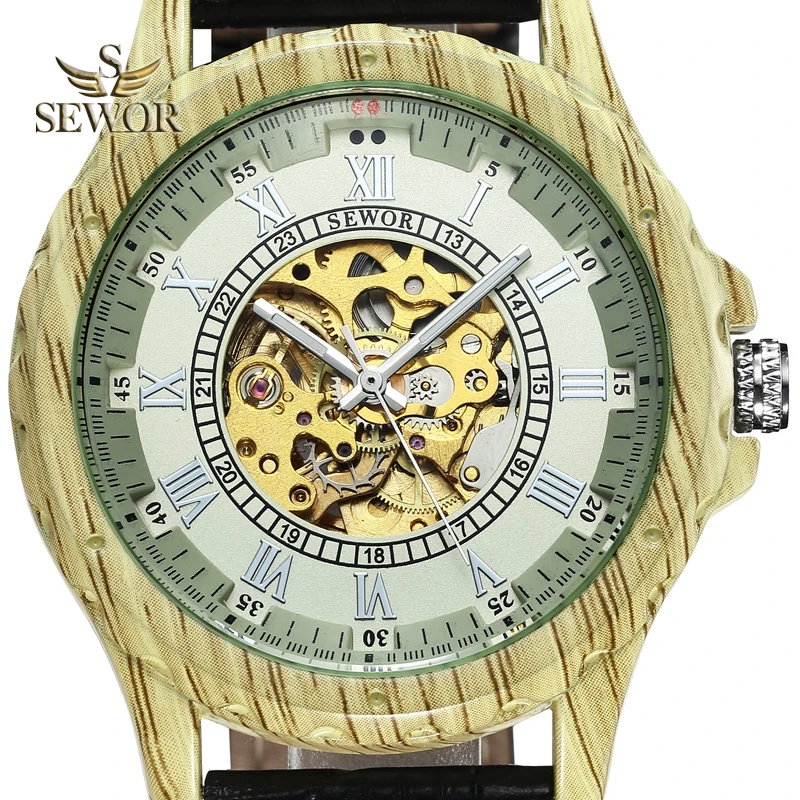 

SEWOR 2019 Luxury Brand New Fashion Imitation Wood Metal Hollow Mechanical Watch Automatic Watch Men Sport Watch gift C335