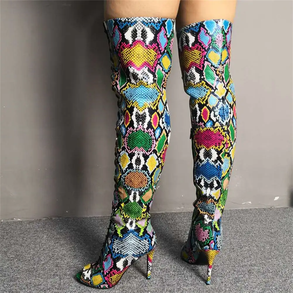 Luxury Women's Plus Size 35-47 Colorful Snake Print Women Shoes Woman Sexy Thin High Heels Summer Boots Over The Knee Boots