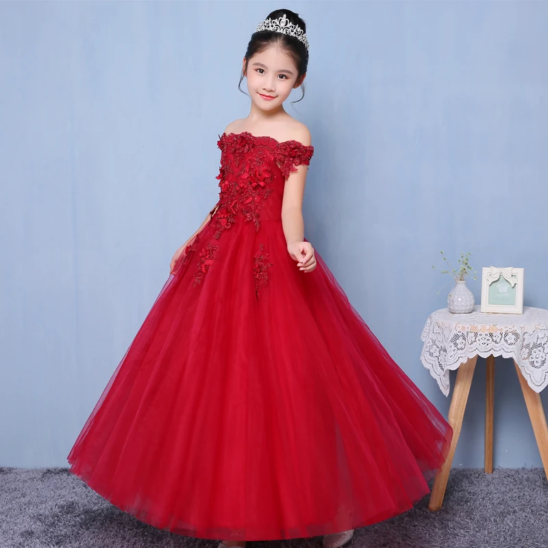 Shoulderless Flower Girl Dress Pageant Children Red Long Tulle Gowns ...