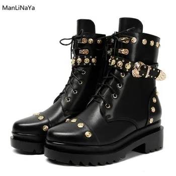 

Gold Metal Buckle Belt Female Boots Genuine Leather Cross-tied Rivet Studs Lace up Women Martin Boot Cross-tied Motorcycle Boots