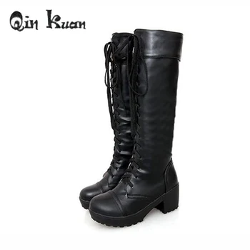 

Qin Kuan Girl Knee High Boots Lady Cosplay Lace Up Knight Long Motorcycle Boots Women Fashion Square Heel Shoes Plus Size 34-48