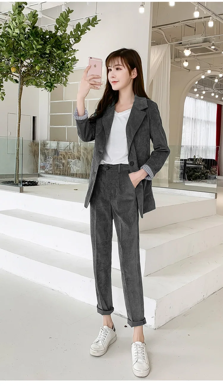 Новые рабочие вельветовые Модные брючные костюмы для женщин комплект из 2 предметов для женщин Винтажный Блейзер куртка и брюки офисный женский костюм Feminino