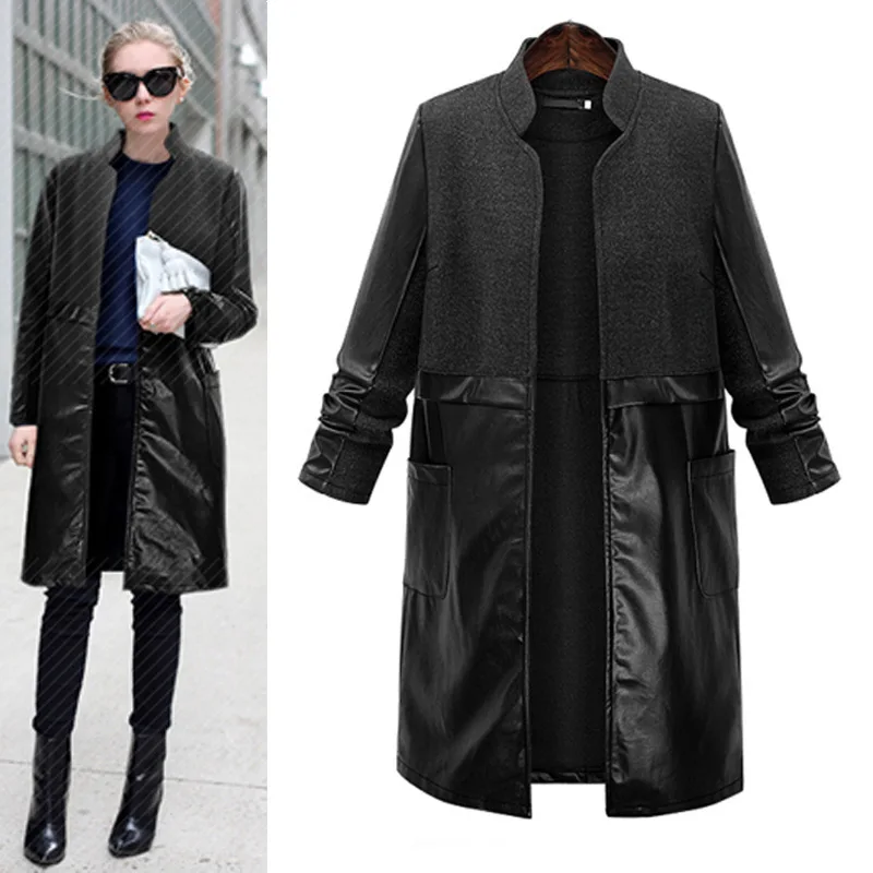 

New XL-5XL Plus Size Black Wool Blend Long Coats Winter Jackets Women Down Coat PU Patchwork Outwear Down Jacket Casaco Feminino