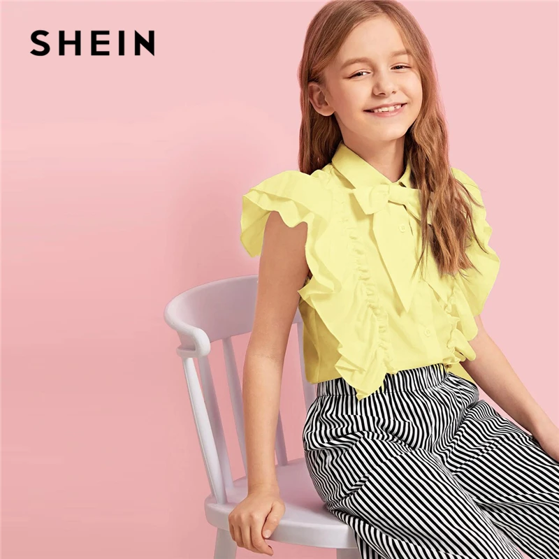 

SHEIN Kiddie Yellow Tie Neck Tiered Layer Ruffle Girls Cute Blouse Kids Tops 2019 Summer Sleeveless Button Front Preppy Shirts
