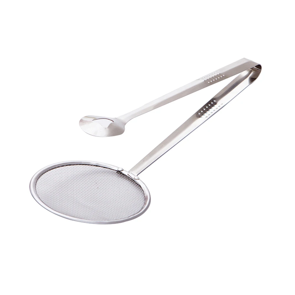 Stainless Steel 2 in 1 Colander Spoon with Clip Oil Filter Grid Scoop