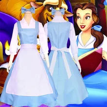 

Anime Beauty and the Beast Belle Maid Dress Cosplay Costume Women Blue Full Set Dress ( Shirt + Dress + Apron + Headwear )