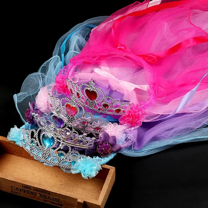 

Children Girls Princess Double Layers Tulle Veils Hairband Crown Tiara Rhinestone Headband Lace Up Ribbon Ruffles Wreath Rainbow