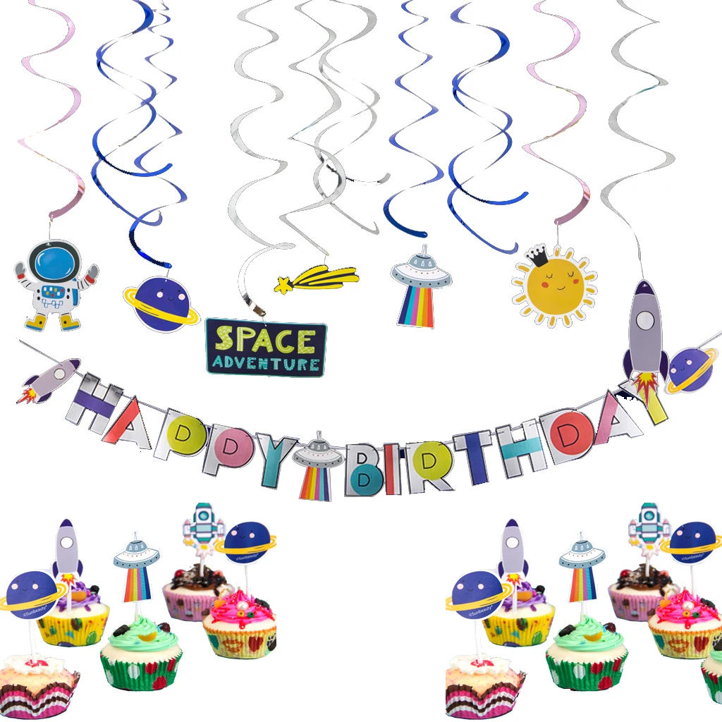

55pcs Outer Space Birthday Party Decor Sets with Whirls + Toppers + Banner