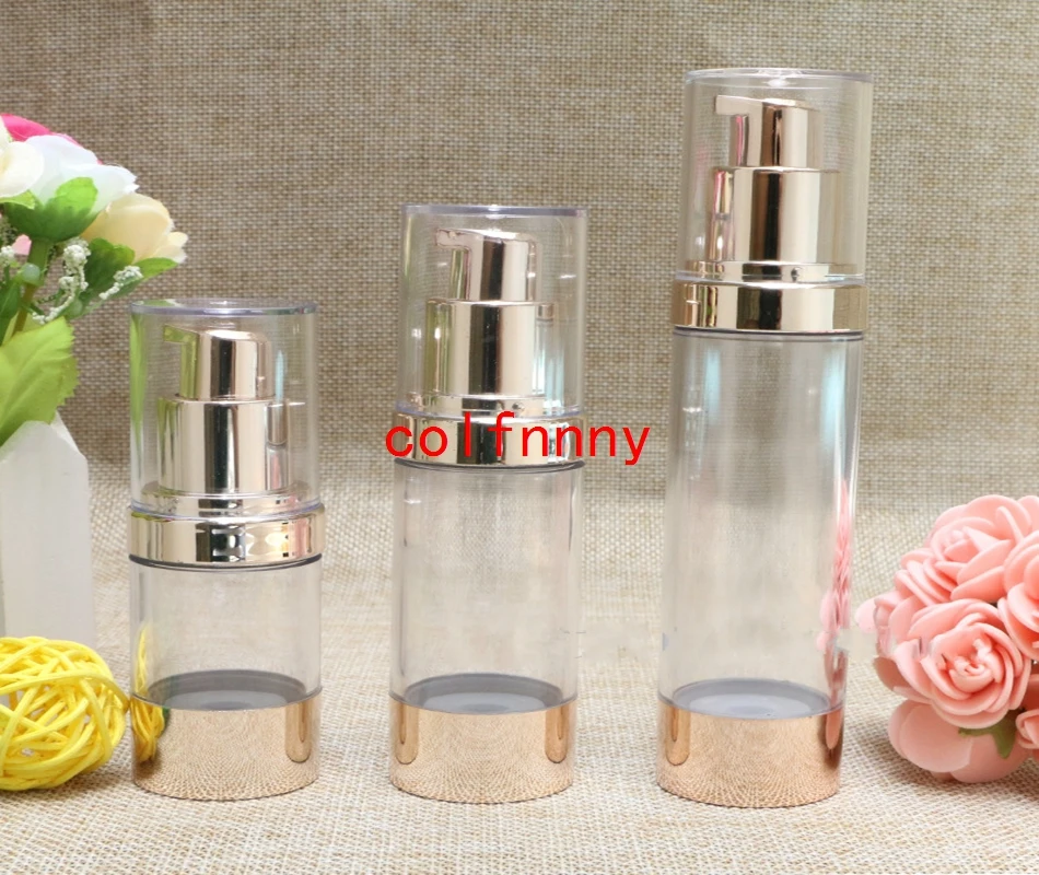 

100pcs/lot Pale Gold Empty Cosmetic Container Airless Pump Plastic Bottles Makeup Tools Lotion Refillable Bottle 15ml 30ml 50ml