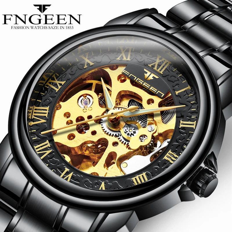 

Fngeen Top Brand Casual Men Watch Stainless Steel Fashion Hollow Business Black Quartz Wristwatch Male Clock Masculino Hombre