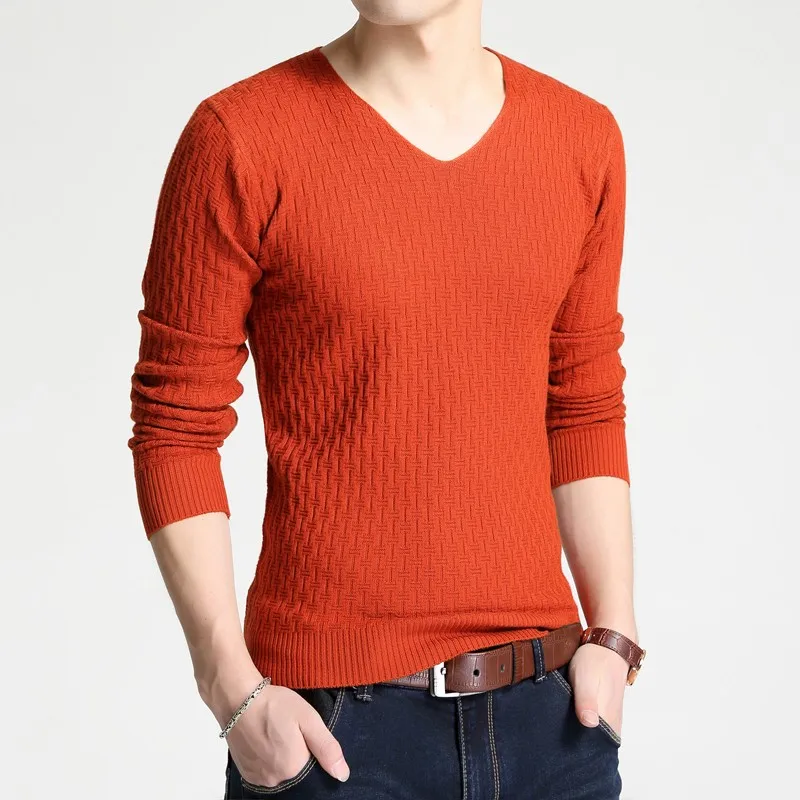 Мужской зимний свитер с v-образным вырезом, Толстый Пуловер, облегающий хлопковый трикотажный свитер с длинными рукавами для мужчин