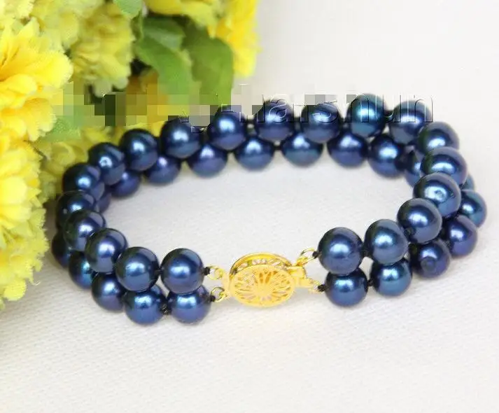 

FREE SHIPPING HOT sell new Style >>>>8" 10mm 2row round navy blue freshwater pearls bracelet j10020