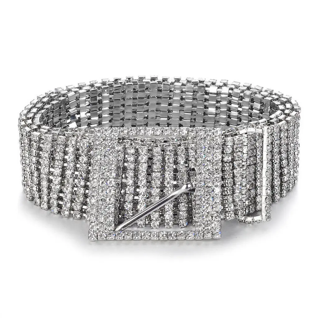 

Women Shiny Belt Adult White Waist Chain Crystal Diamond Femme Party Waistband Full Rhinestone Two Size
