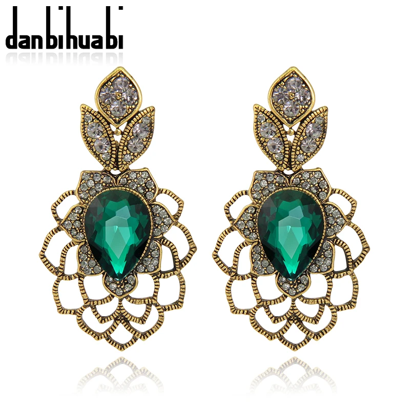 

Danbihuabi Vintage Long Earrings Antique Gold Green Stone Austrian Crystal Drop Earrings For Women Indian Wedding Jewelry