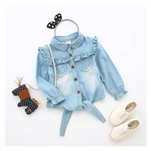 Новая Осенняя детская одежда однотонная кружевная моющийся Ковбой рубашка с длинными рукавами для девочек