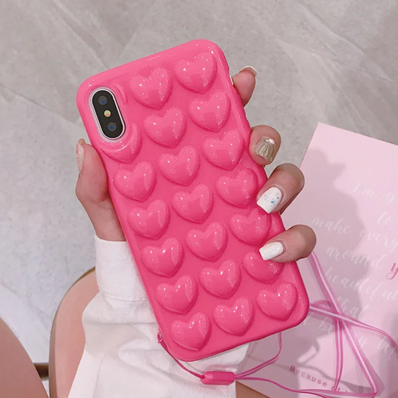 Moskado 3D Love Heart чехол для телефона для iPhone 11 7 6s Plus мультяшный Модный чехол с ремешком для iPhone X XS Max XR мягкий чехол - Цвет: Rose Red