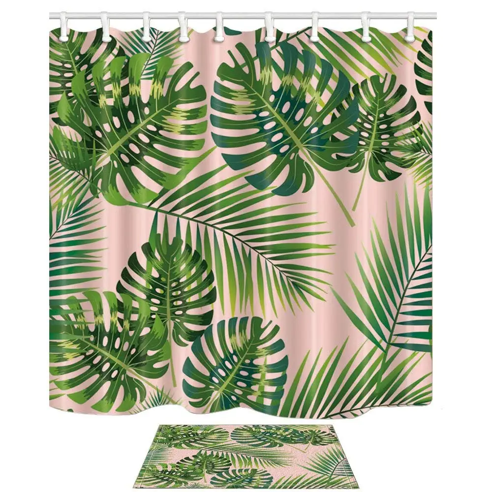 Vector Tropical Plants Decor Palm Leaves 69X70in Mildew Resistant Shower Curtain Suit With Flannel Floor Mat Bath Rugs | Дом и сад