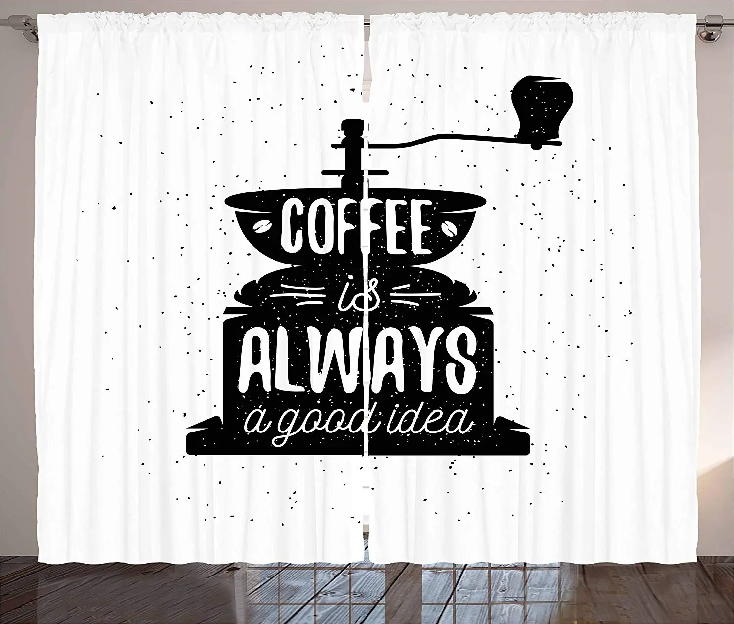 

Quote Curtains Coffee Maker Silhouette with Coffee is Always a Good Idea Grungy Typography Living Room Bedroom Window Decor