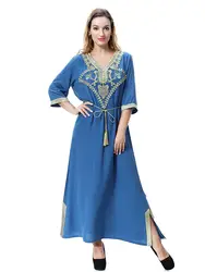 Мусульманские женщины с рукавом три четверти платье макси Абая jalabiya исламских женщин-платье одежда халат кафтан Moroccan моды embroidey