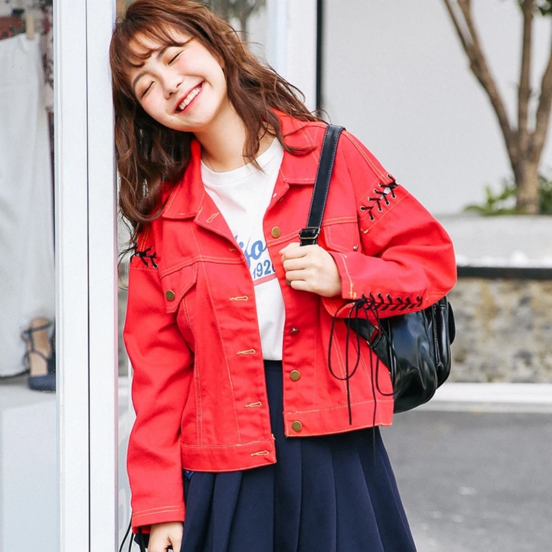EXOTAO Red Bomber Jeans Jacket Women Hollow Out Single Breasted Spring Chaqueta Mujer Lace Up Thin Back-Printed Bts Denim Jacket