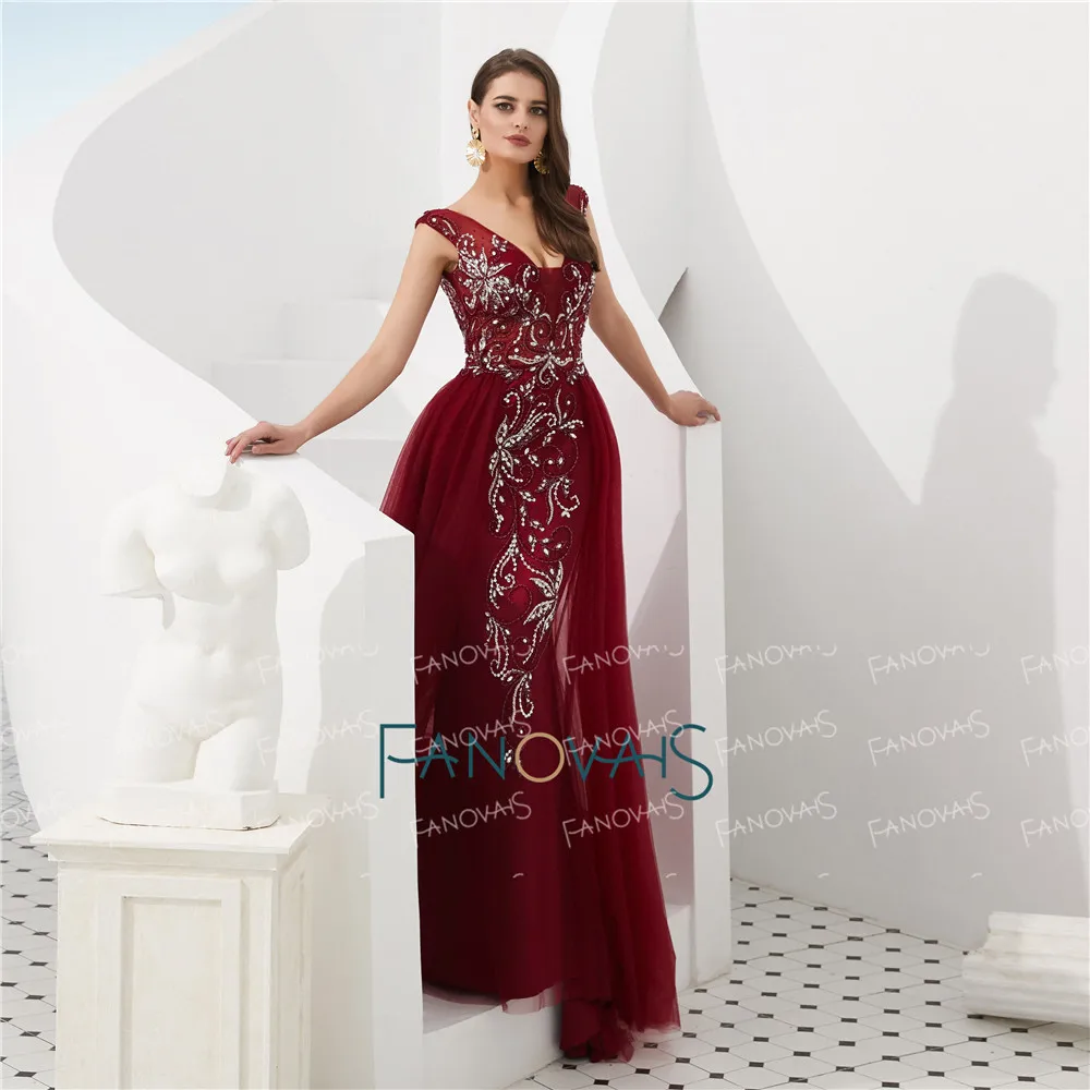 2 цвета бордовые вечерние платья длинное роскошное платье для выпускного вечера 2019 Тюль v-образный вырез Русалка вечернее платье бисером