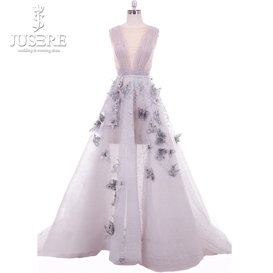 Плиссированное вечернее платье Jusere Haute Couture с V образным вырезом открытой спиной и