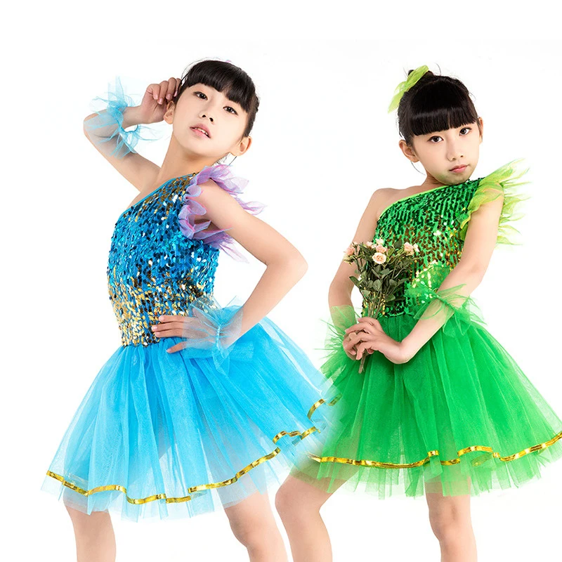 

dance costumes girls dance dress one shoulder ballet costume sequin jazz performance dress for girls dance tutu jazz costumes