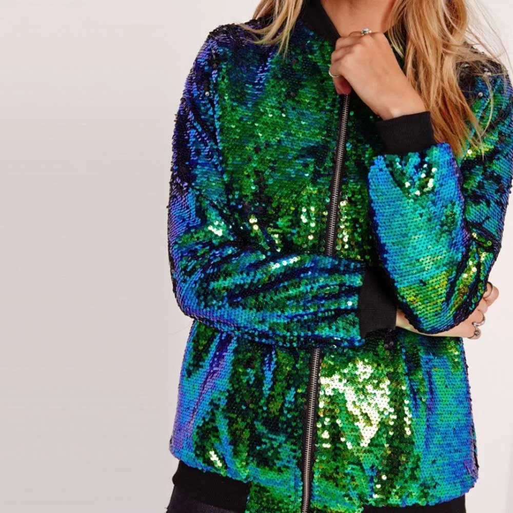 

Plus Size Women Sequins Jacket Slim Basic Zipper Long Sleeve CoatsSpring Autumn Female Baseball Jacket Outwear Tops WDC1722