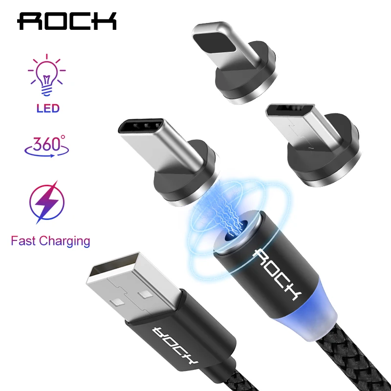 

ROCK Metal Magnetic USB Cable For iPhone Type C Micro 2.4A Fast Charger Lighting Led Light For Xiaomi Huawei Android Phone 1M
