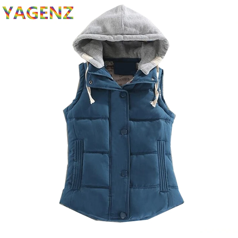 YAGENZ Для женщин с капюшоном короткий жилет 2018 без рукавов в Корейском стиле Для женщин хлопковый жилет Повседневное теплая куртка плюс