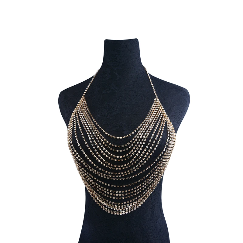 

Trendy Luxury Multiple Layers Crystal Necklace Body Chest Chains Maxi Chain Female Charm Beach/Club/Party Body Chain Jewelry