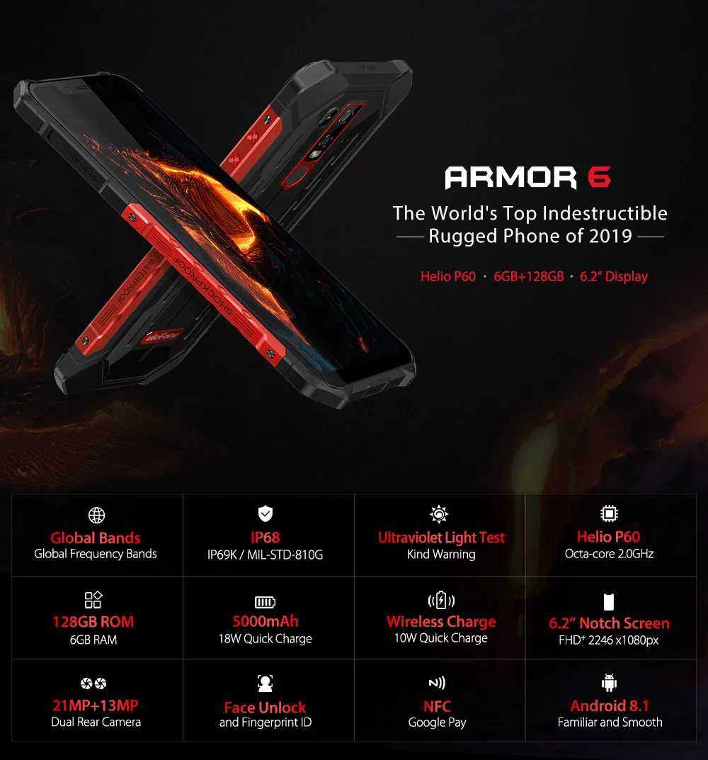 Ulefone Armor 6 IP69K водонепроницаемый мобильный телефон Android 8 1 2 &quotFHD + Восьмиядерный ГБ