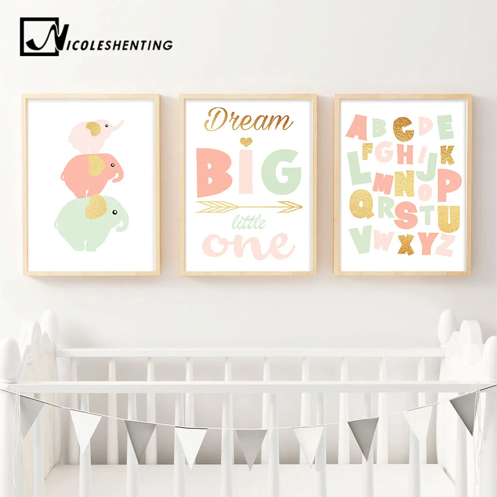 

Cute Elephant Nursery Quote Wall Art Canvas Poster ABC Alphabet Print Nordic Style Painting Picture Kid Baby Bedroom Decoration