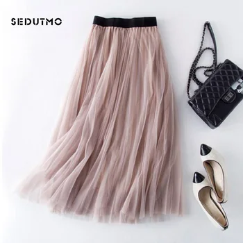 

SEDUTMO 2018 Tulle Skirts Women Pleated High Waist Skirt Elastic Black Vintage Classic Midi Tutu Ball Gown Skirt ED191