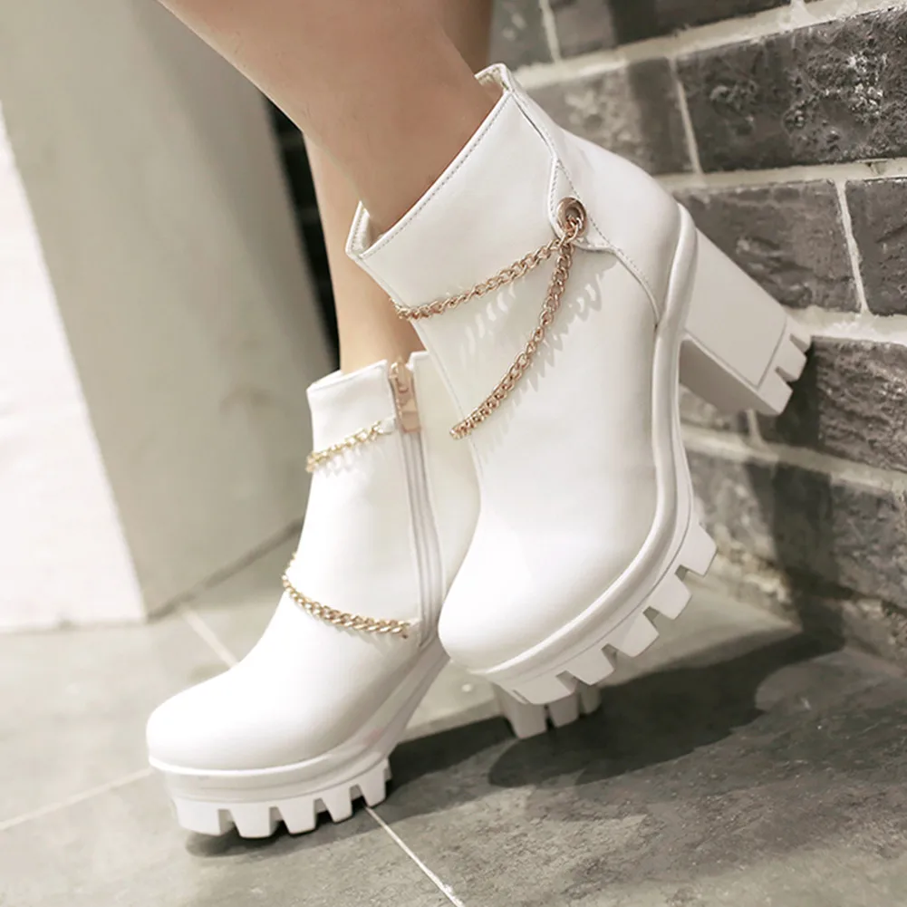 

New Plus Size 43 Zipper Add Fur Chunky Heels Autumn Winter Boots Shoes Woman Platform High Heeled Ankle Boots Women Shoes