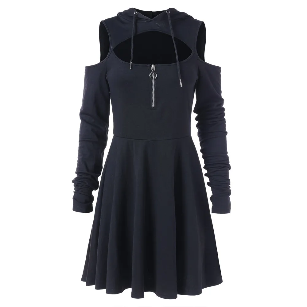 

YOUYEDIAN 2018 Fashion Women Cold Shoulder Open Shoulder Long Sleeve Hooded Swing Zipper Dress
