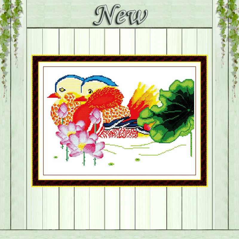 Мандариновые утки с изображением лотоса напечатанные на холсте DMC 11CT 14CT