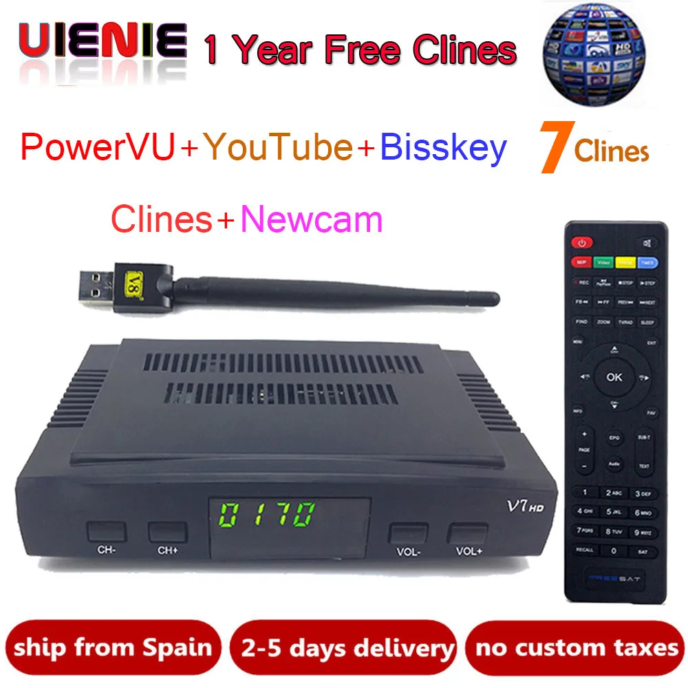 

UIENIE Satellite TV Receiver decoder freesat V7 HD DVB-S2 + USB Wfi Receptor with 7 lines Europe Cline account support powervu