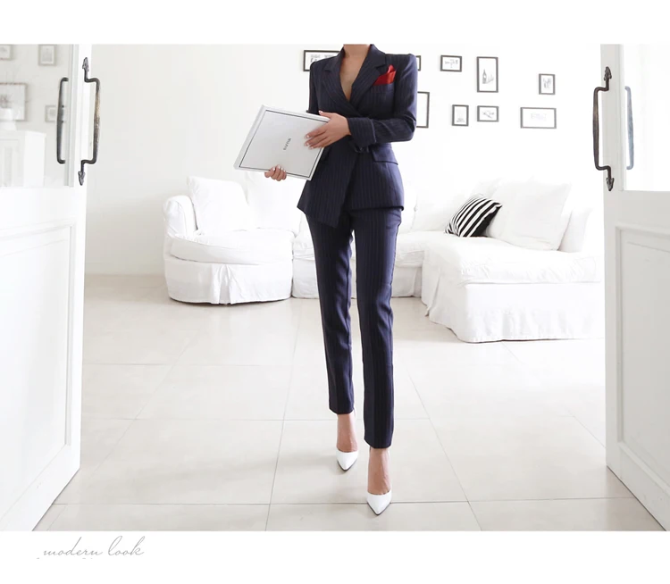 2019 осенний женский модный повседневный комплект из двух предметов в полоску, блейзеры с длинным рукавом + облегающие длинные штаны