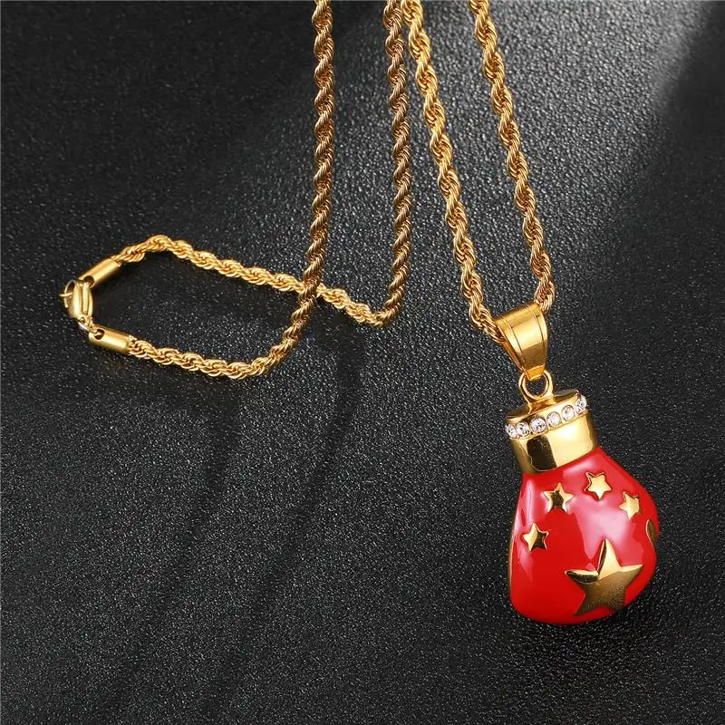 

Hip Hop Stainless Steel Boxing Gloves Pendant & Necklace Gold Color Chinese Flag Necklaces Iced Out Bling Rapper Jewelry