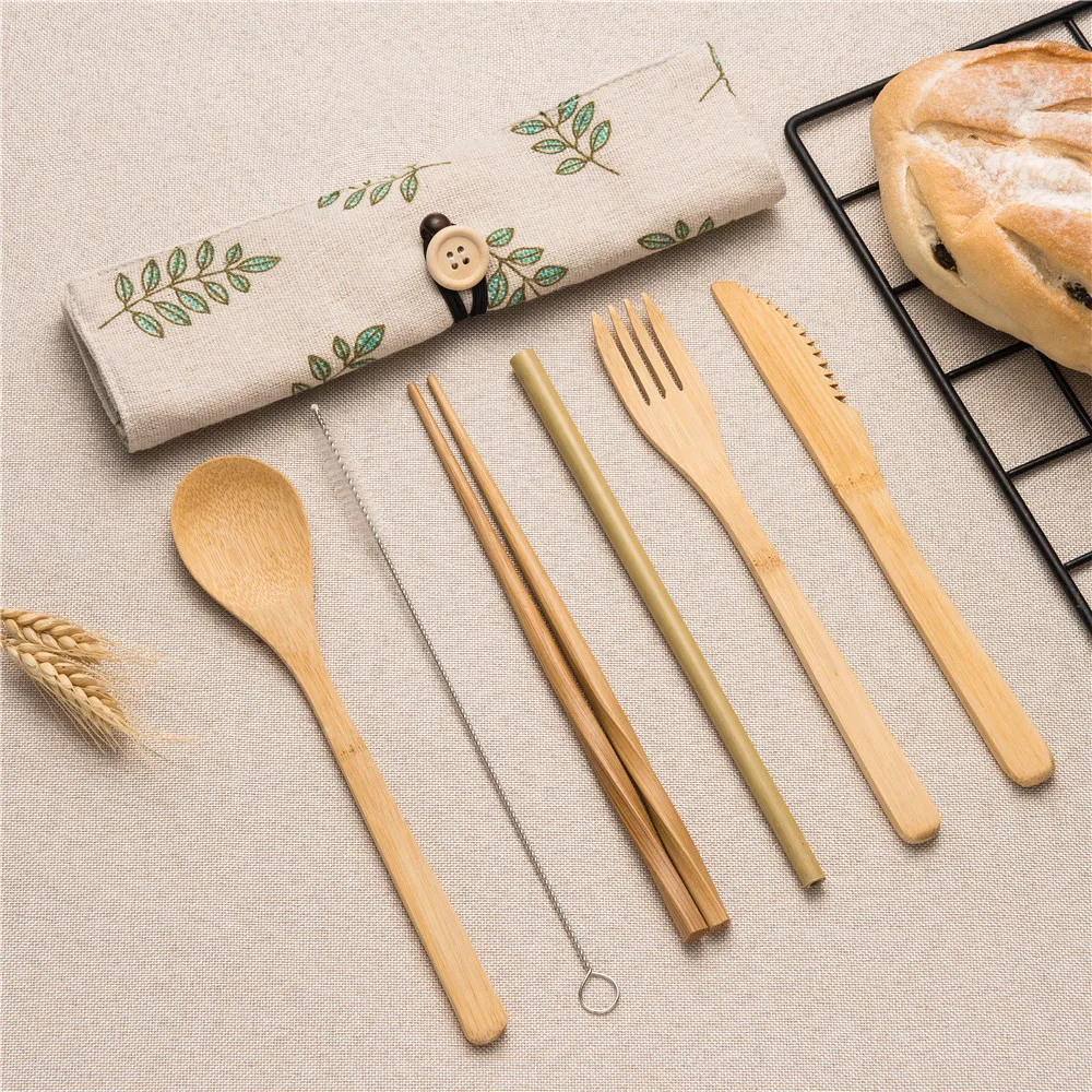 

Bamboo Dinnerware Set Travel Cutlery Bamboo Straw Chopsticks Knife Dinner Fork Korean Spoon Set with Brush Cloth Bag Dinnerware