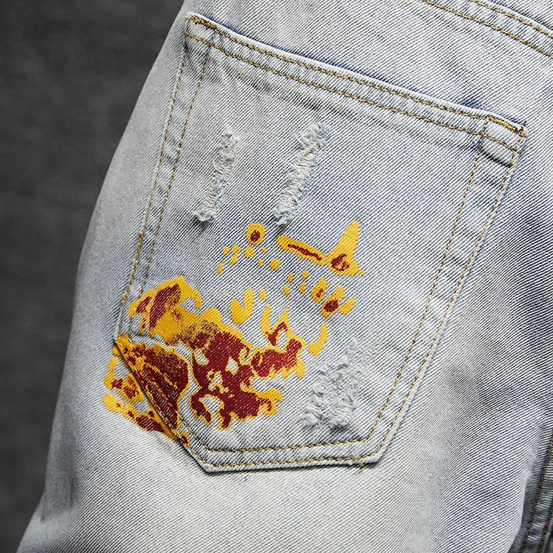 MORUANCLE мужские Hi Street уничтожены роспись Короткие джинсы с принтом Ripped Проблемные Джинсовые шорты для мужчин уличной мыть синий