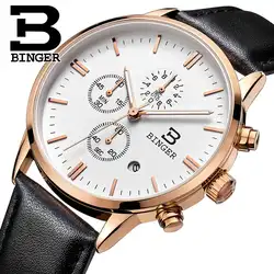 2018 Новый наручные часы Binger мужчины люксовый бренд наручные часы, кварцевые часы водонепроницаемый кожаный ремешок часы АВТО Хронограф дат