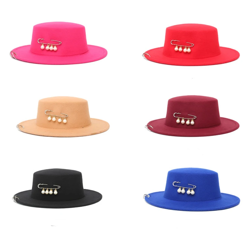Trend Women flat brim wool felt Fedora hats with Copper Ring Pin Flat